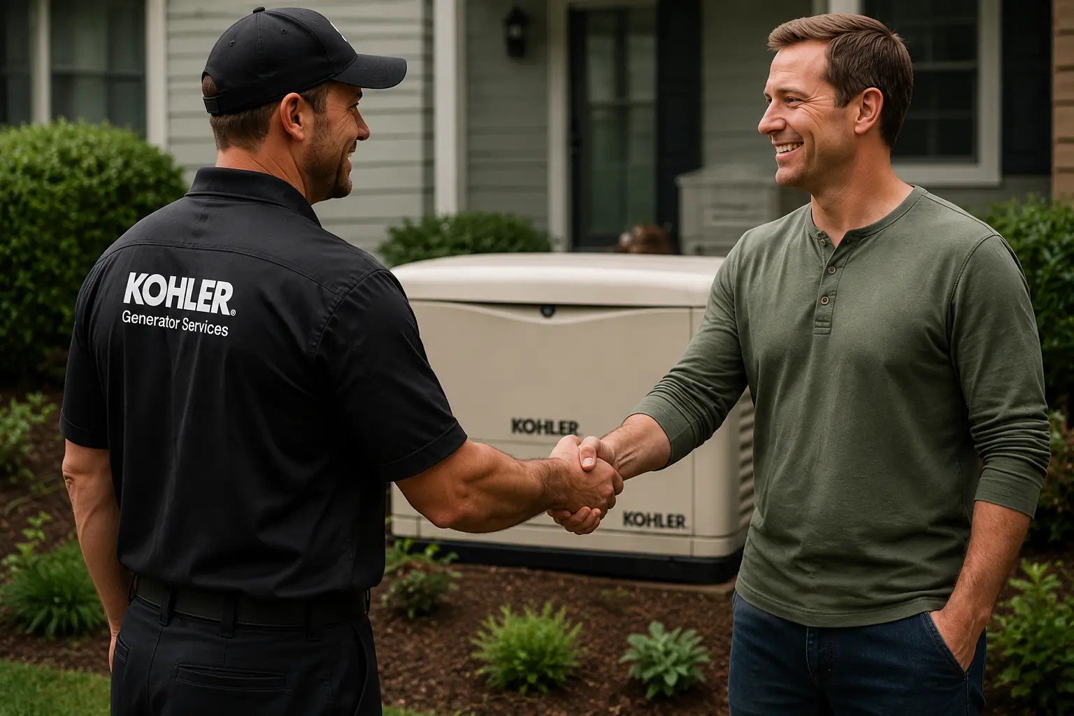 Kohler generator technician shaking hands with homeowner beside installed Kohler standby generator