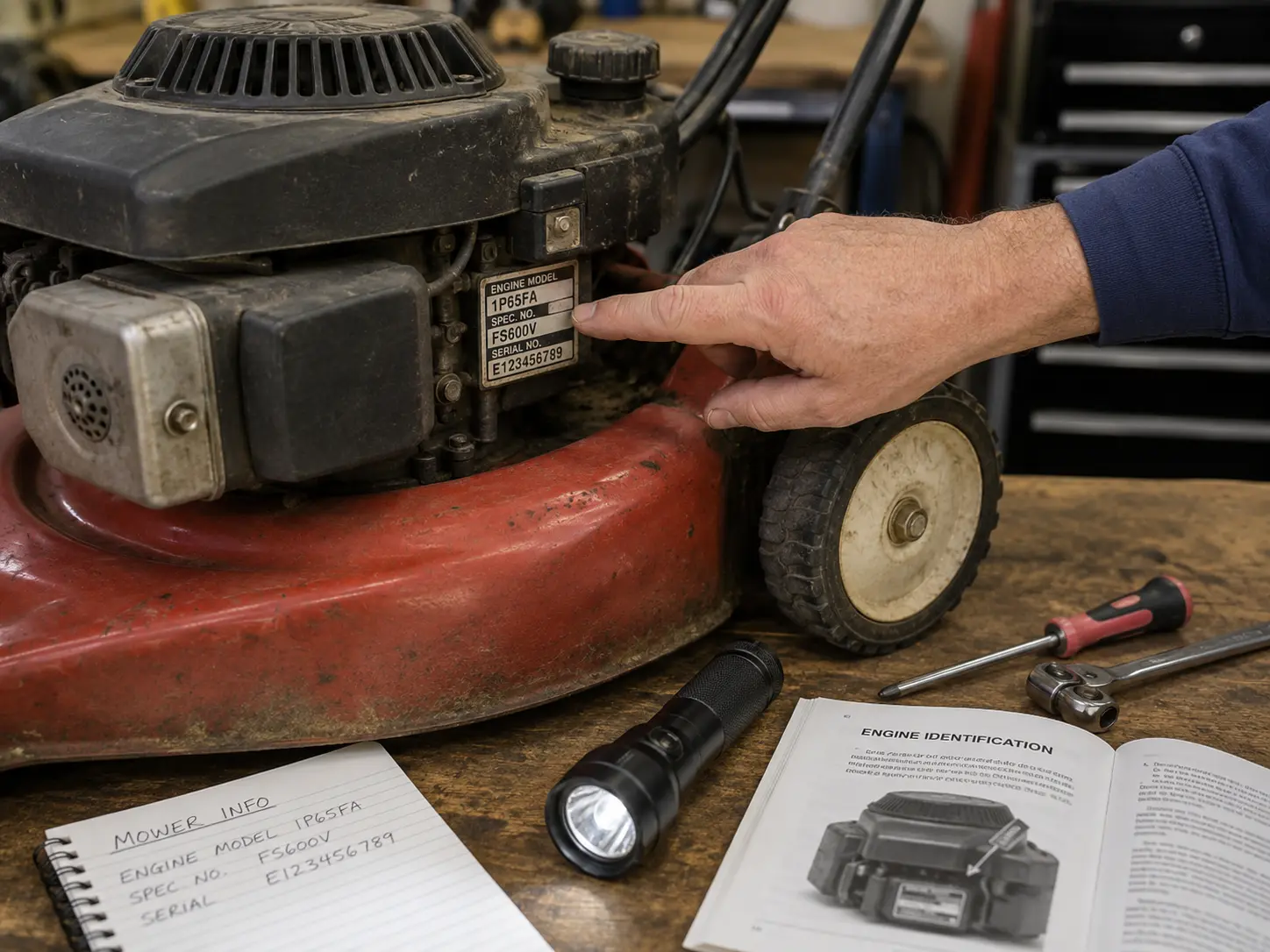 Hand pointing at engine model number label on mower with notepad recording model, spec, and serial numbers
