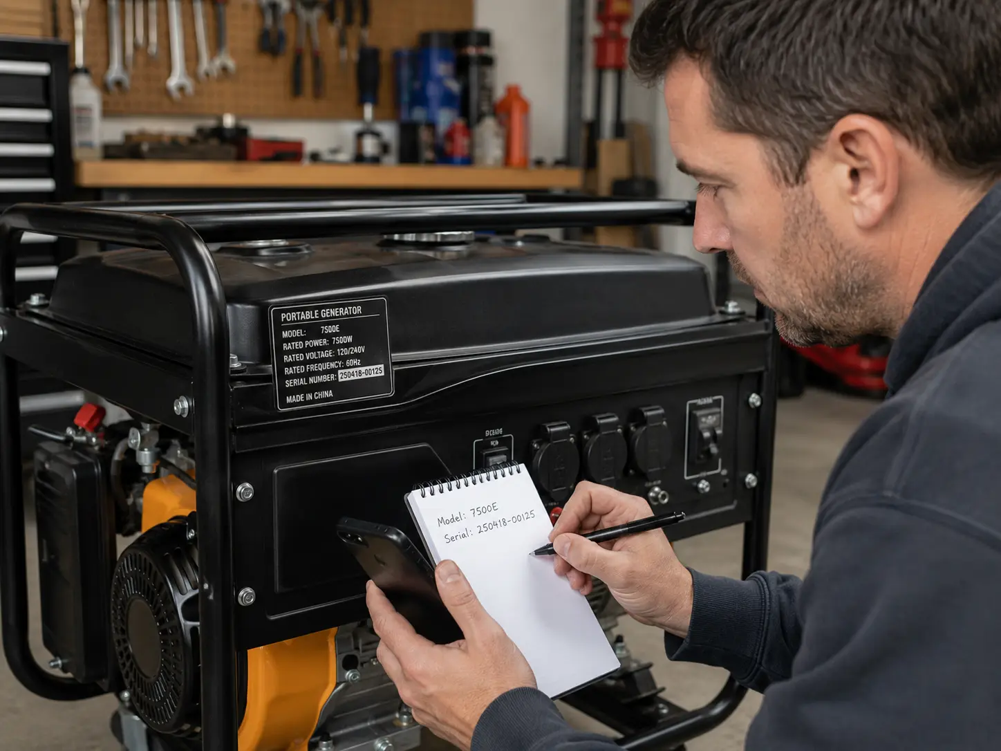 Person writing portable generator model and serial number in notepad directly from equipment label