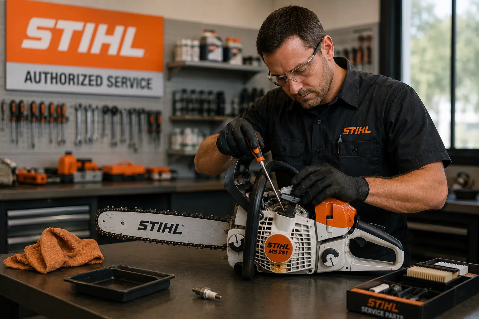 Stihl-certified technician servicing an MS 261 chainsaw at a workbench inside an authorized service shop