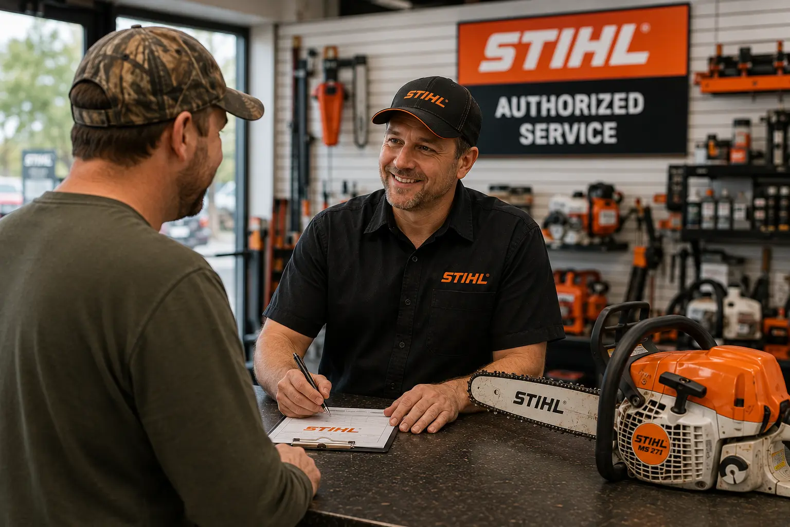 Stihl authorized dealer writing up a service order for a customer with chainsaw at the counter