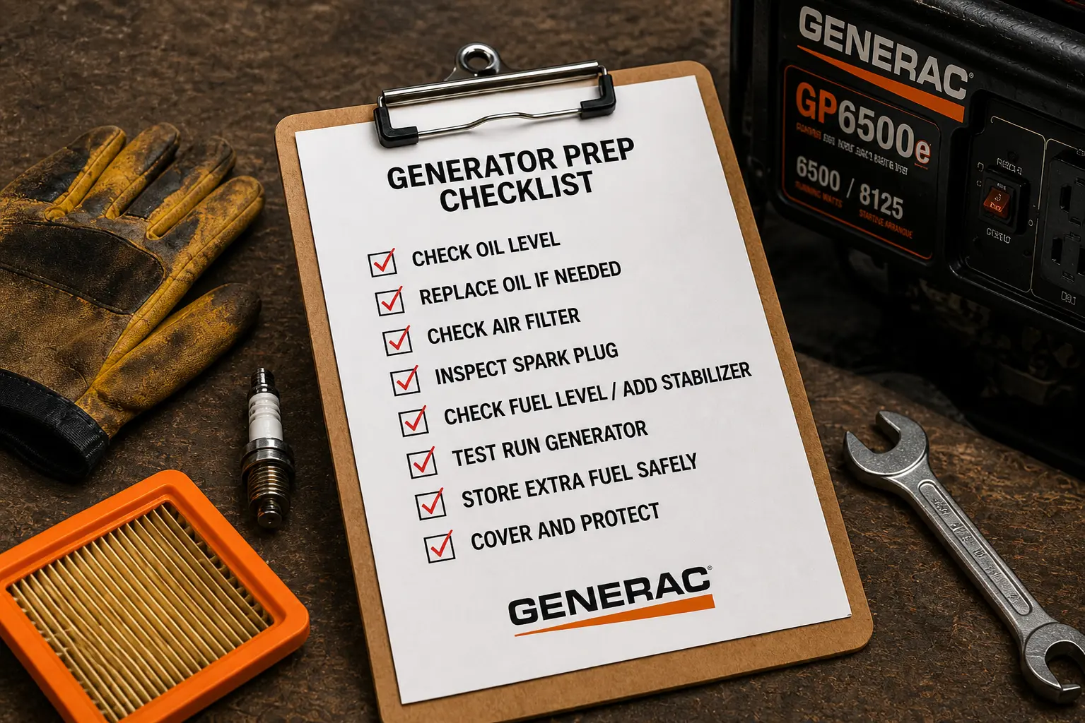 Generator prep checklist clipboard with checkboxes for oil, air filter, spark plug, fuel stabilizer, test run, fuel storage, and cover — with tools and Generac GP6500e in background