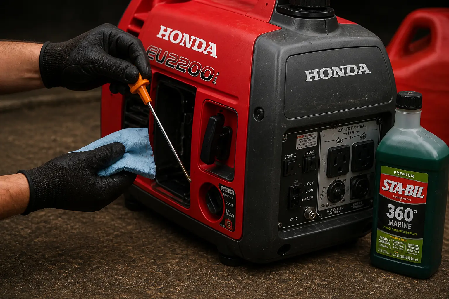 Gloved hands servicing a Honda EU2200i inverter generator with screwdriver and microfiber cloth, STA-BIL 360 Marine fuel stabilizer bottle beside it