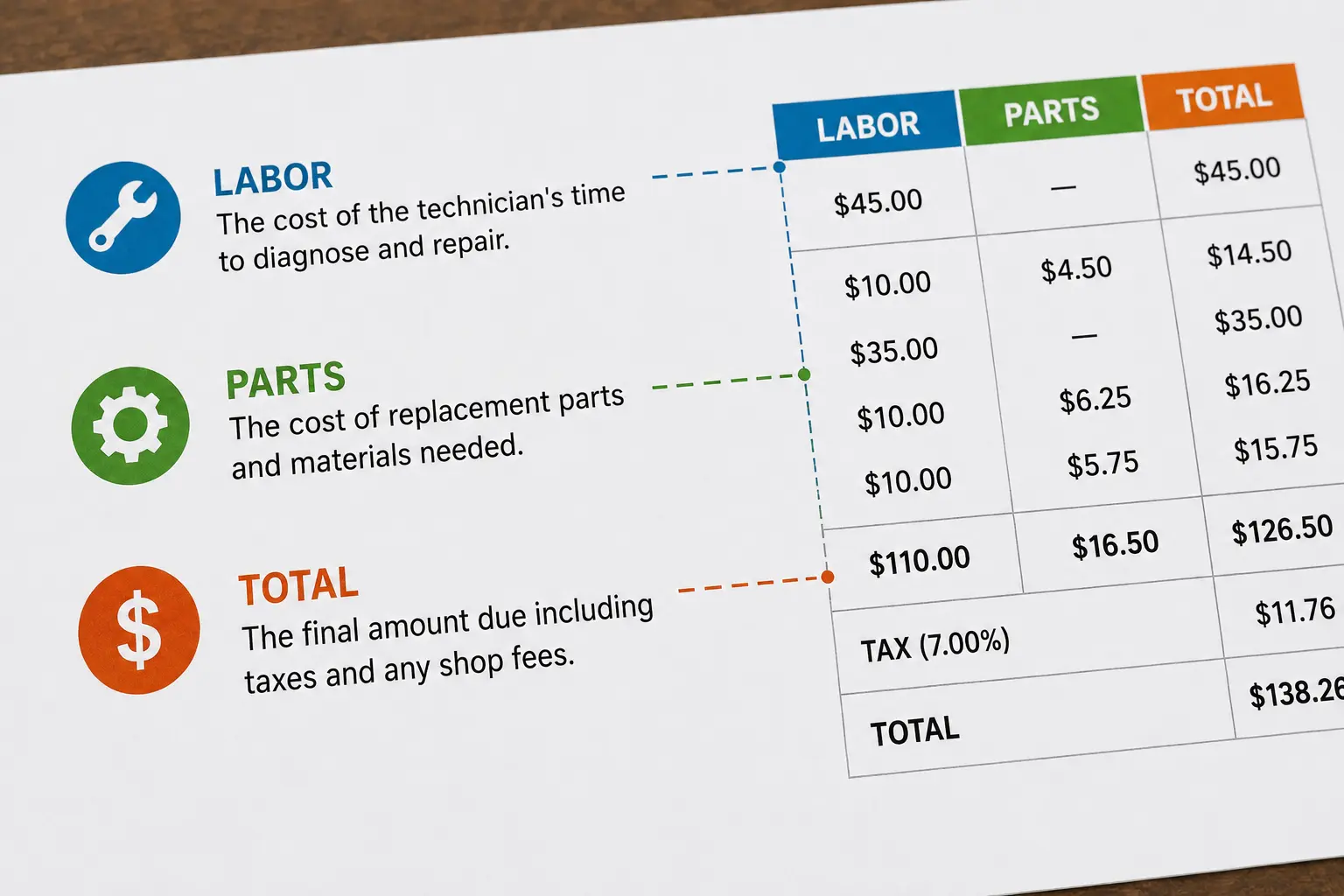 Repair estimate document with columns for Labor, Parts, and Total annotated to show how each cost category breaks down