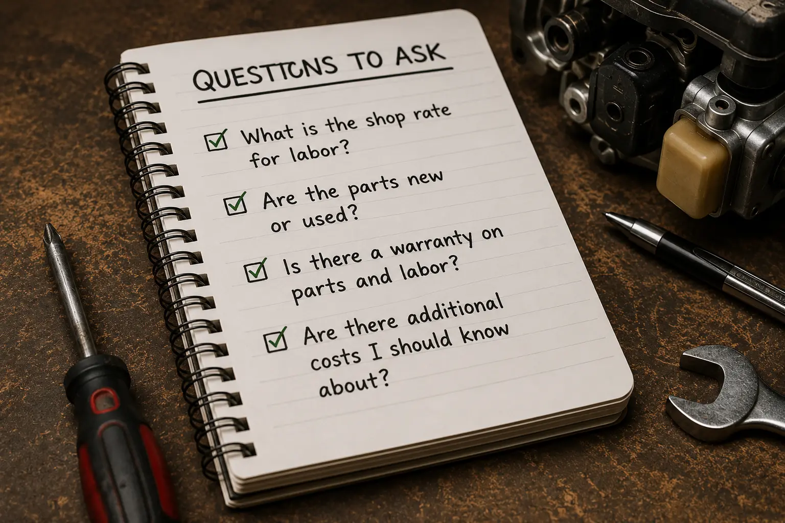 Notepad listing questions to ask a repair shop: shop rate for labor, whether parts are new or used, warranty on parts and labor, and any additional costs