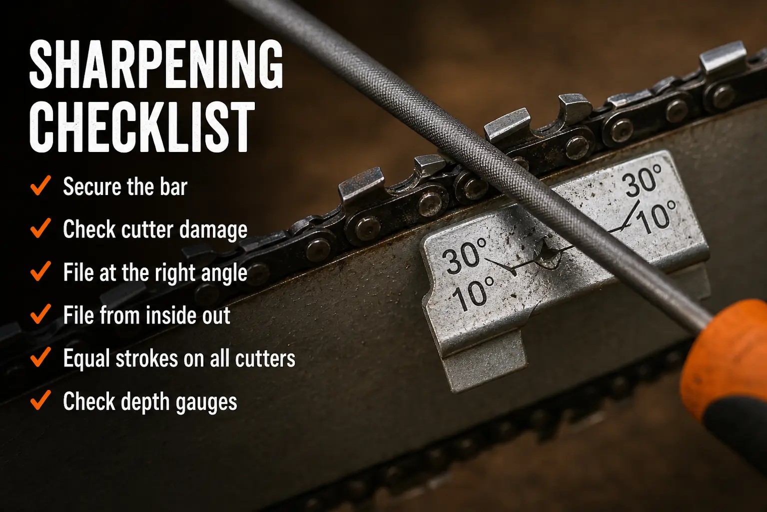 Chainsaw chain sharpening checklist showing round file at correct 30° and 10° angles with chain and angle guide visible