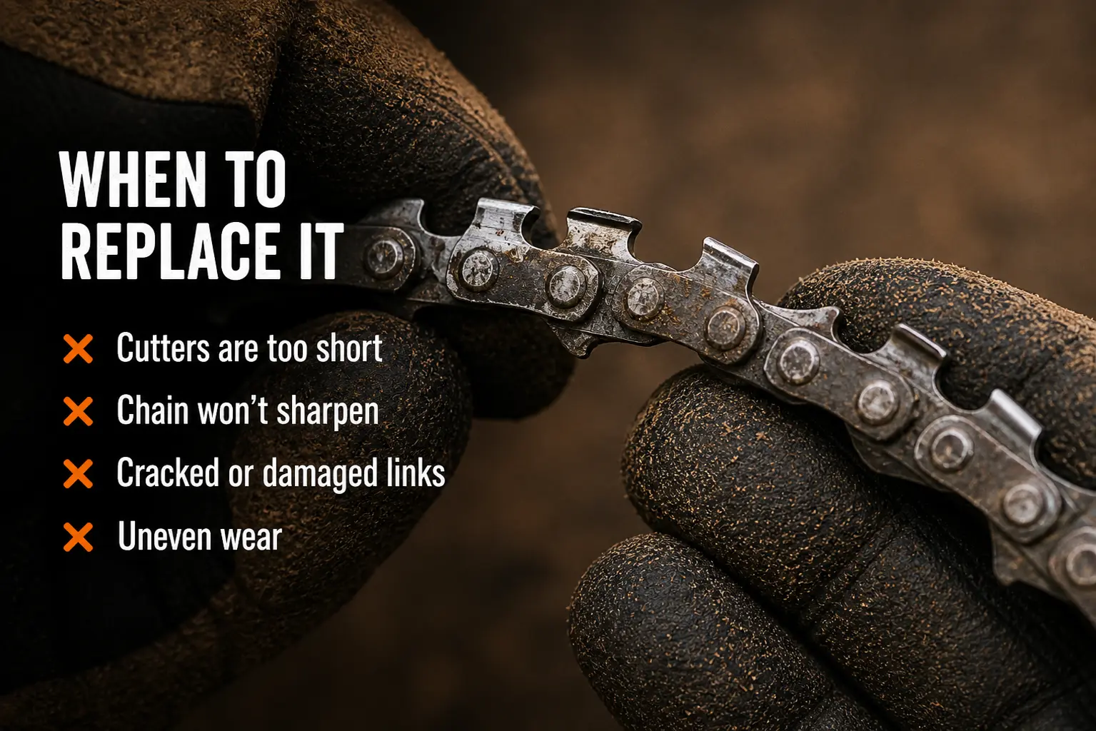 Worn chainsaw chain held in gloved hands showing signs of end-of-life: short cutters, damaged links, and uneven wear