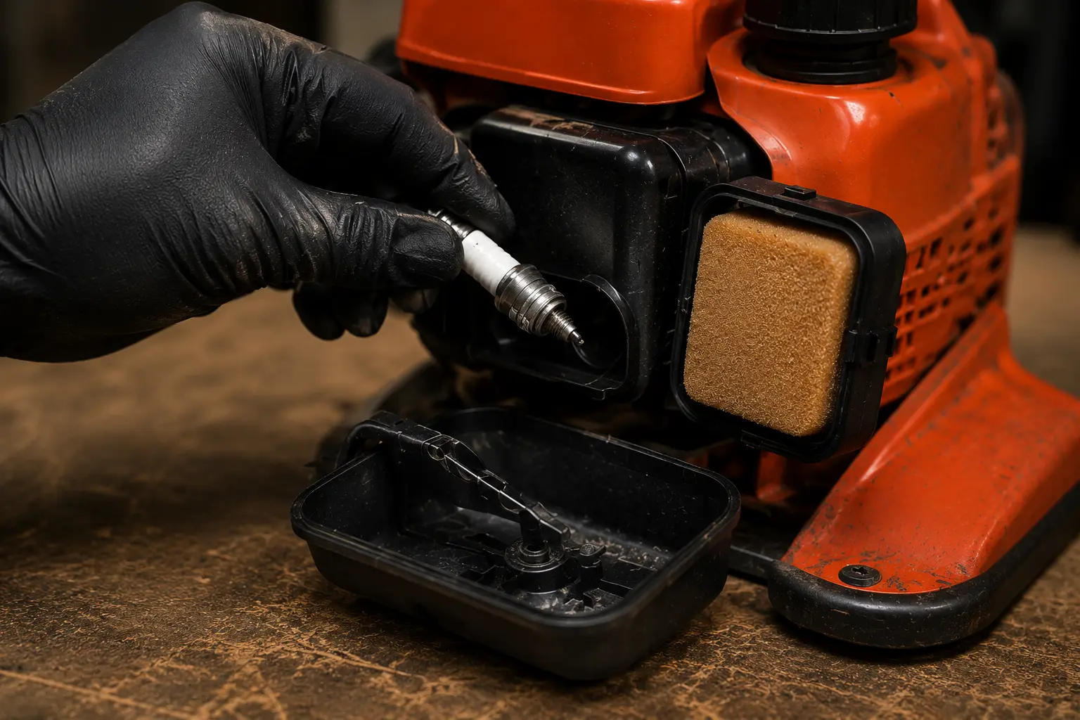 Gloved hand removing a spark plug from a small engine with the air filter housing open beside it