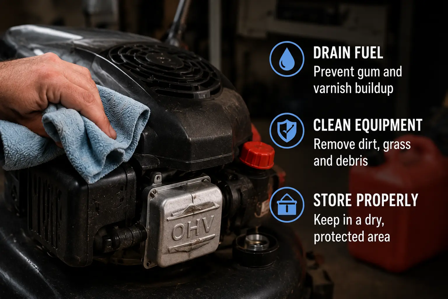 Engine being wiped down with a cloth alongside an infographic showing three winterization steps: Drain Fuel, Clean Equipment, and Store Properly