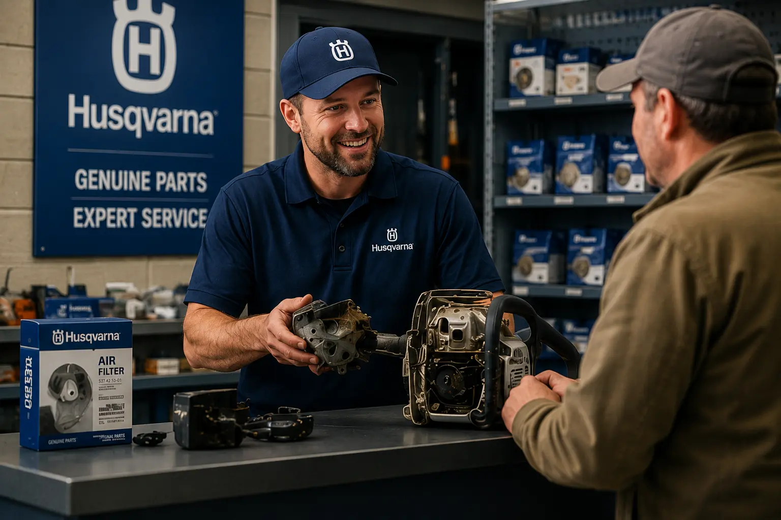 Husqvarna dealer employee at parts counter holding carburetor component, discussing service with customer