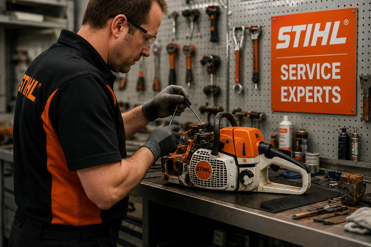 Stihl-certified technician servicing a Stihl chainsaw at workbench inside an authorized service shop