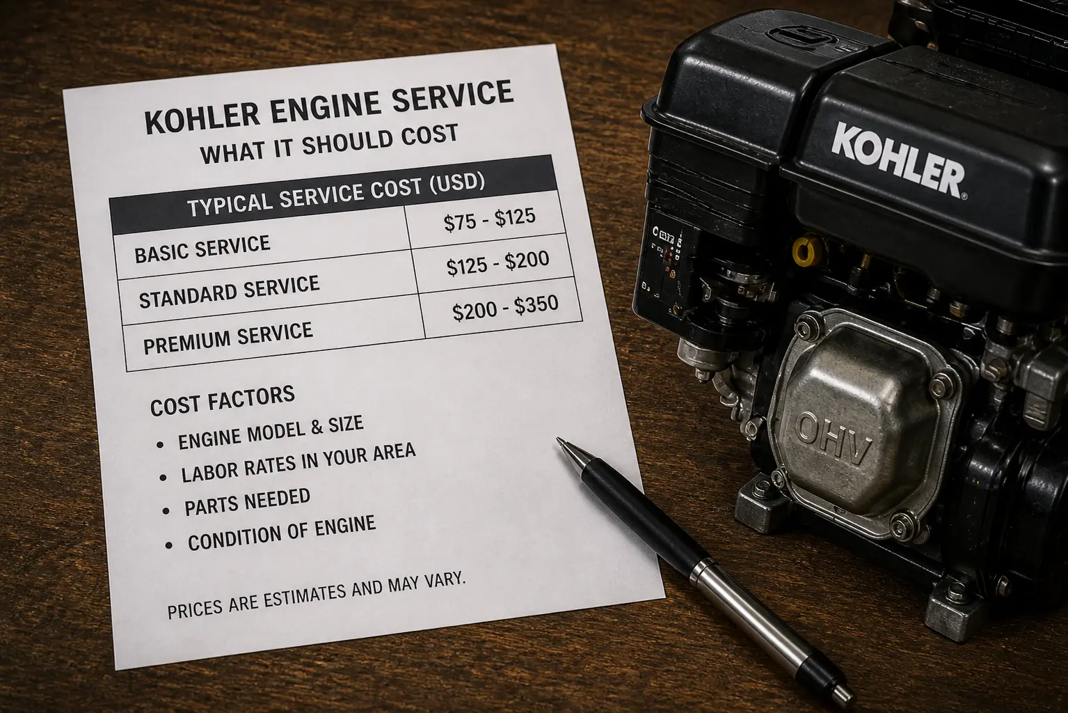 Kohler engine service pricing table showing basic to premium cost ranges with engine model, labor rate, and condition listed as cost factors