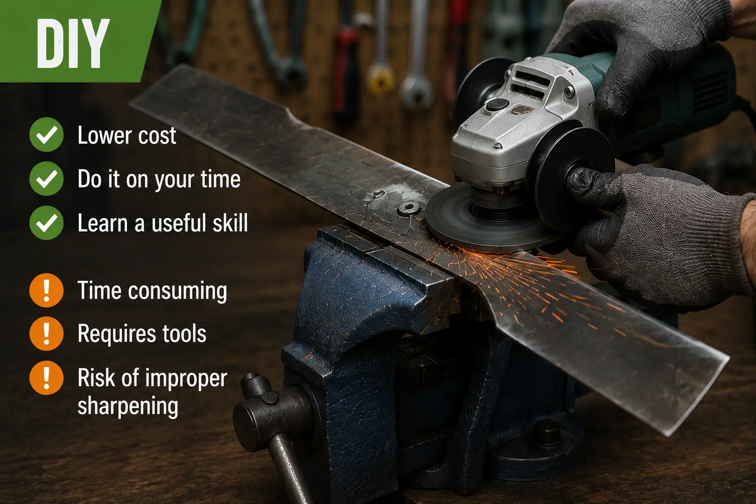 Gloved hands sharpening a lawn mower blade clamped in a vise using an angle grinder, with sparks flying, annotated with DIY pros and cons including lower cost and risk of improper sharpening