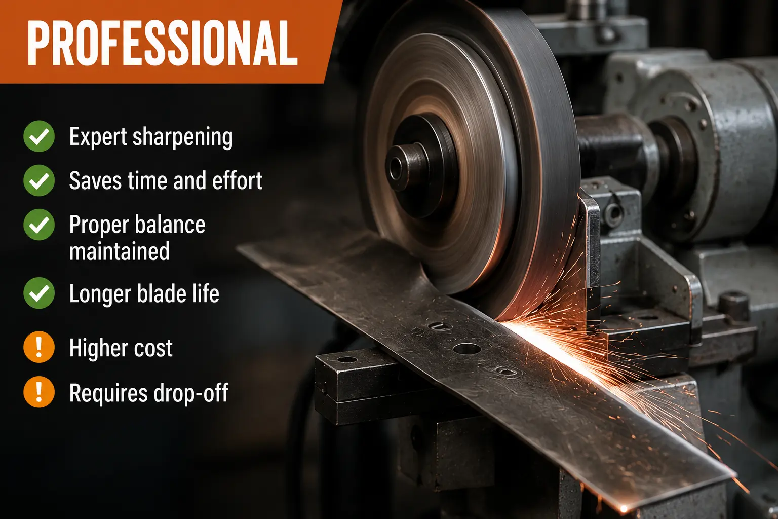 Lawn mower blade being sharpened on a professional grinding wheel with sparks flying, annotated with pros including expert sharpening, time savings, proper balance, and longer blade life