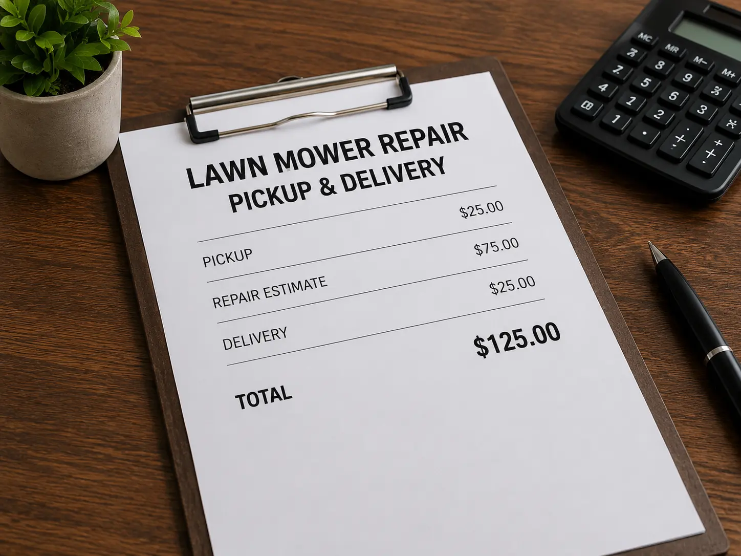 Clipboard showing lawn mower repair pickup and delivery invoice with itemized costs totaling 125 dollars