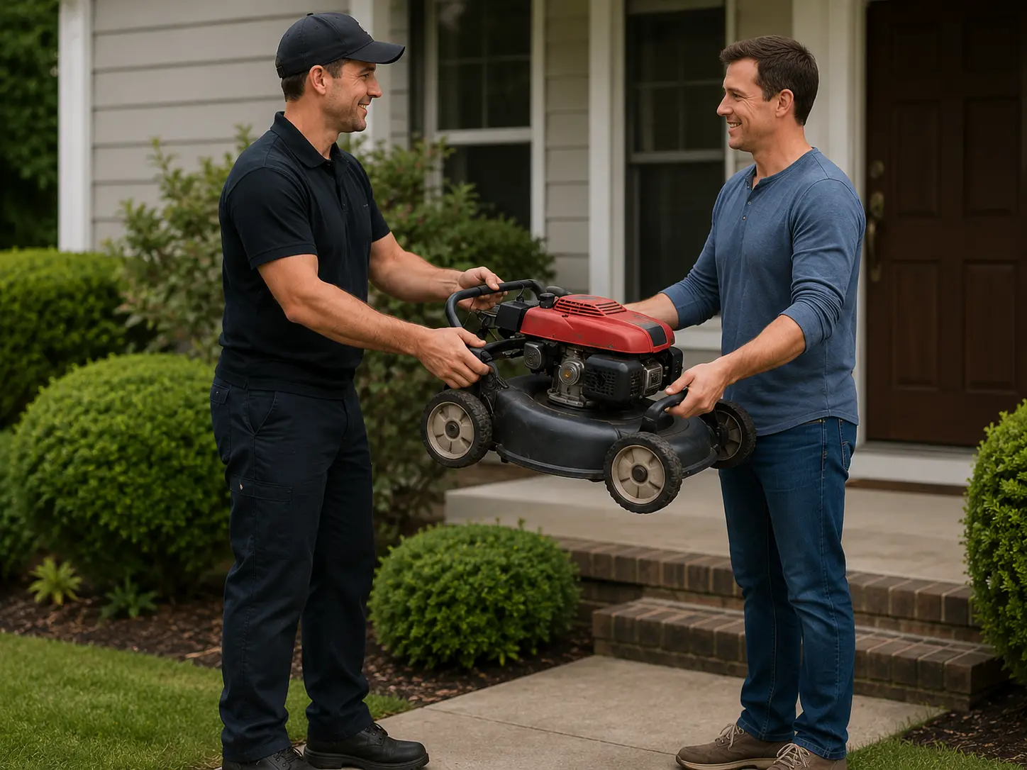 Repair technician returning serviced lawn mower to homeowner at front door after mobile repair