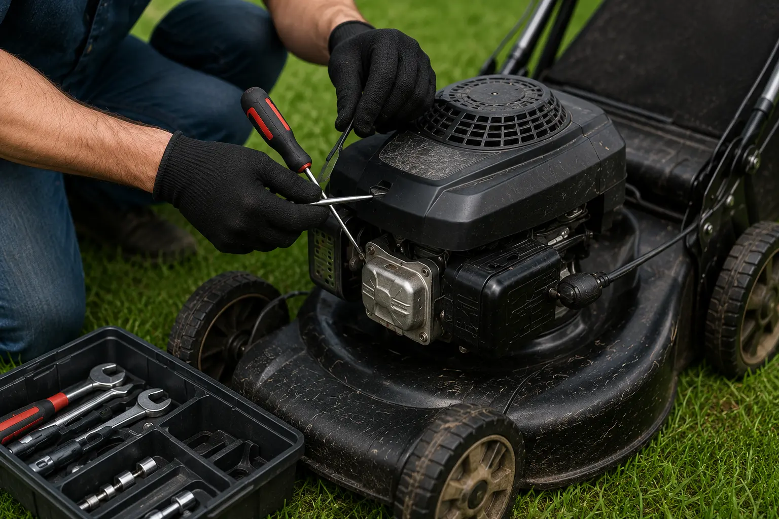 Technician in gloves repairing a lawn mower engine outdoors with a screwdriver, tool kit open beside the mower on the grass
