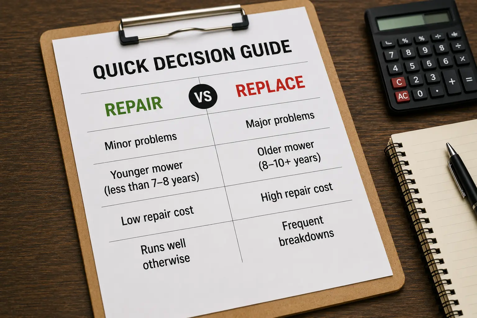 Clipboard showing a Quick Decision Guide comparing Repair vs Replace criteria: minor vs major problems, mower age, repair cost, and frequency of breakdowns