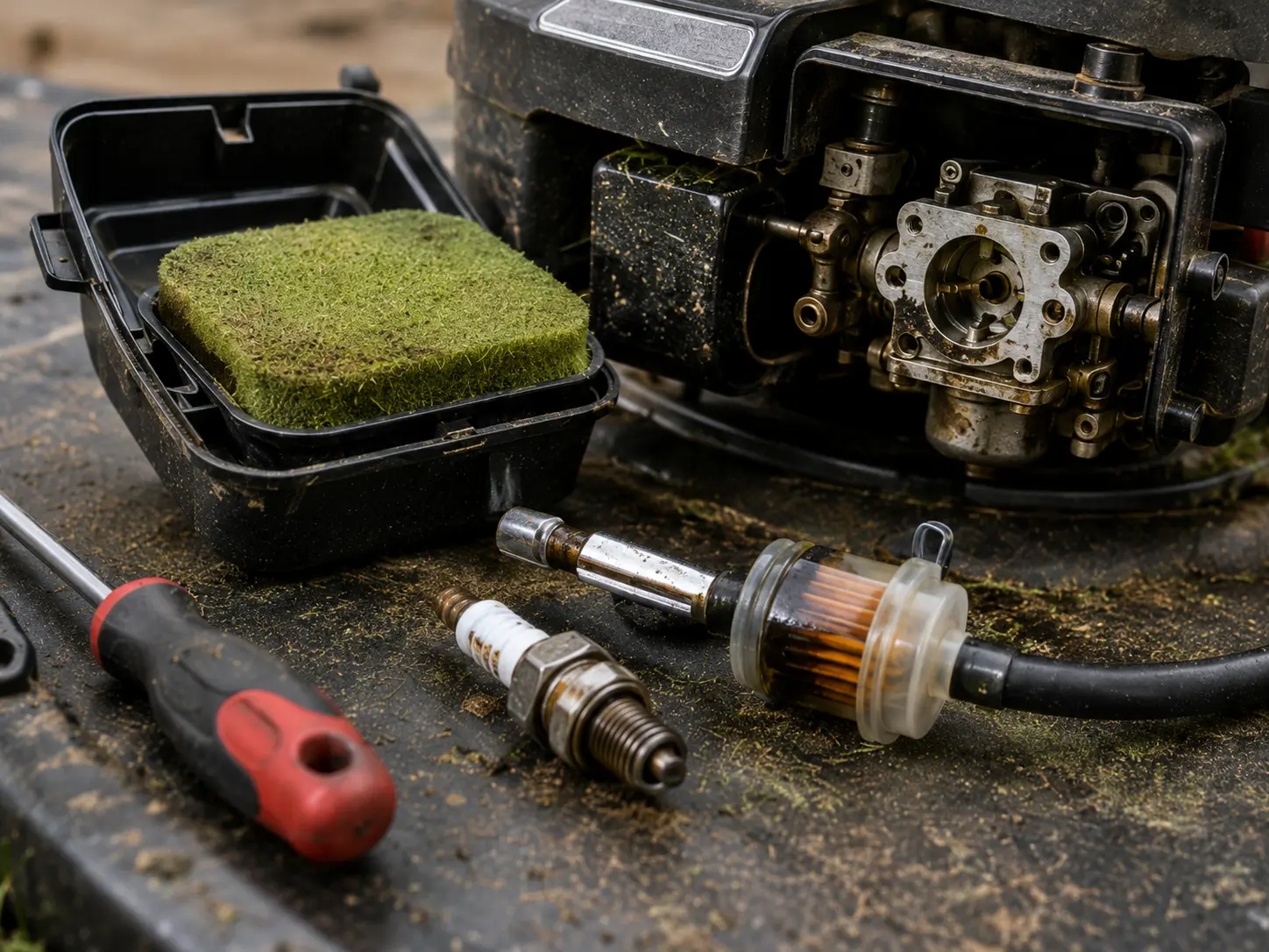 Clogged foam air filter, fouled spark plug, and dirty fuel filter removed from lawn mower engine