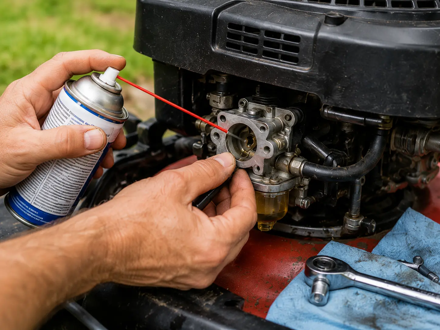Hands spraying carburetor cleaner into lawn mower carburetor to clear stuck choke and fuel passages
