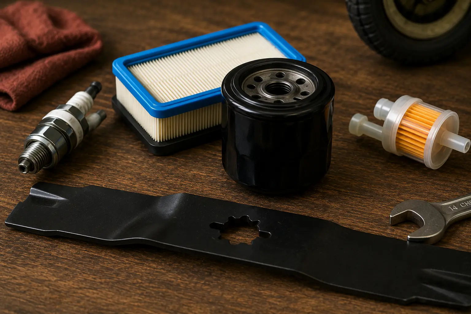 Lawn mower tune-up parts laid out on a workbench including spark plug, air filter, oil filter, fuel filter, mower blade, and wrench