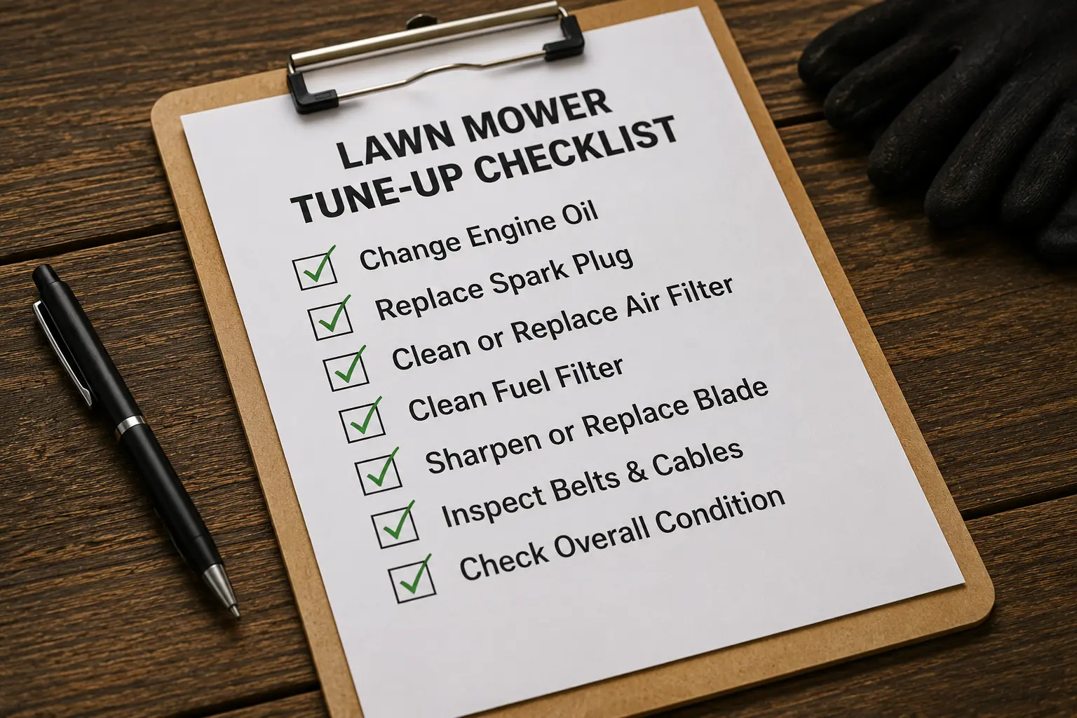 Clipboard showing a Lawn Mower Tune-Up Checklist with items checked off: change engine oil, replace spark plug, clean or replace air filter, clean fuel filter, sharpen or replace blade, inspect belts and cables, check overall condition