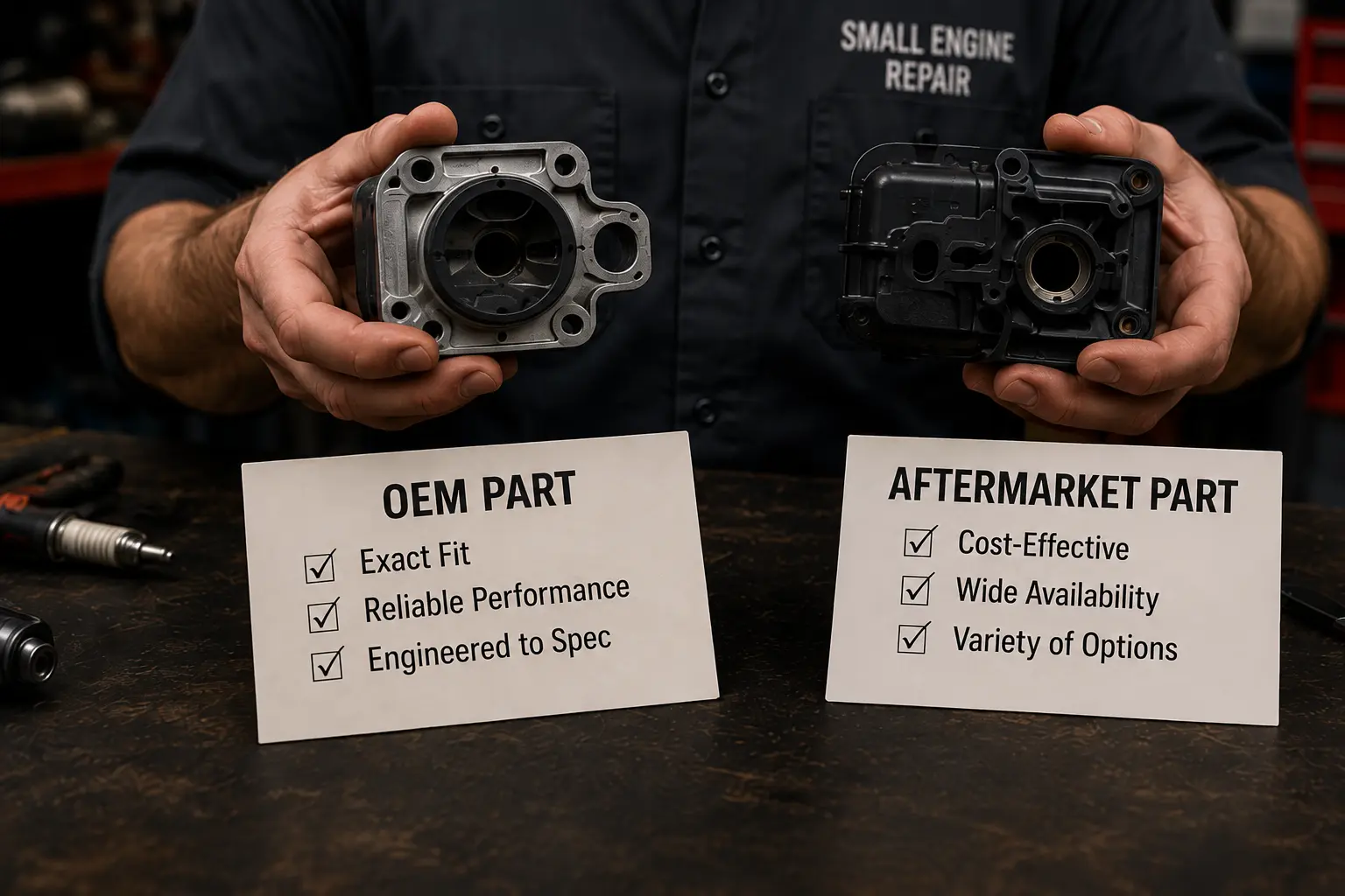 Small engine repair technician holding an OEM carburetor body in one hand and an aftermarket equivalent in the other, with comparison cards showing OEM benefits of exact fit and reliability versus aftermarket benefits of cost and availability