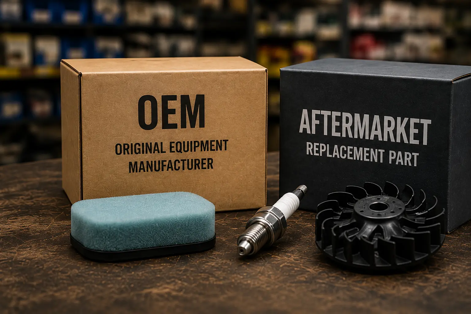 OEM Original Equipment Manufacturer box and Aftermarket Replacement Part box side by side with a foam air filter, spark plug, and flywheel component in a parts store setting