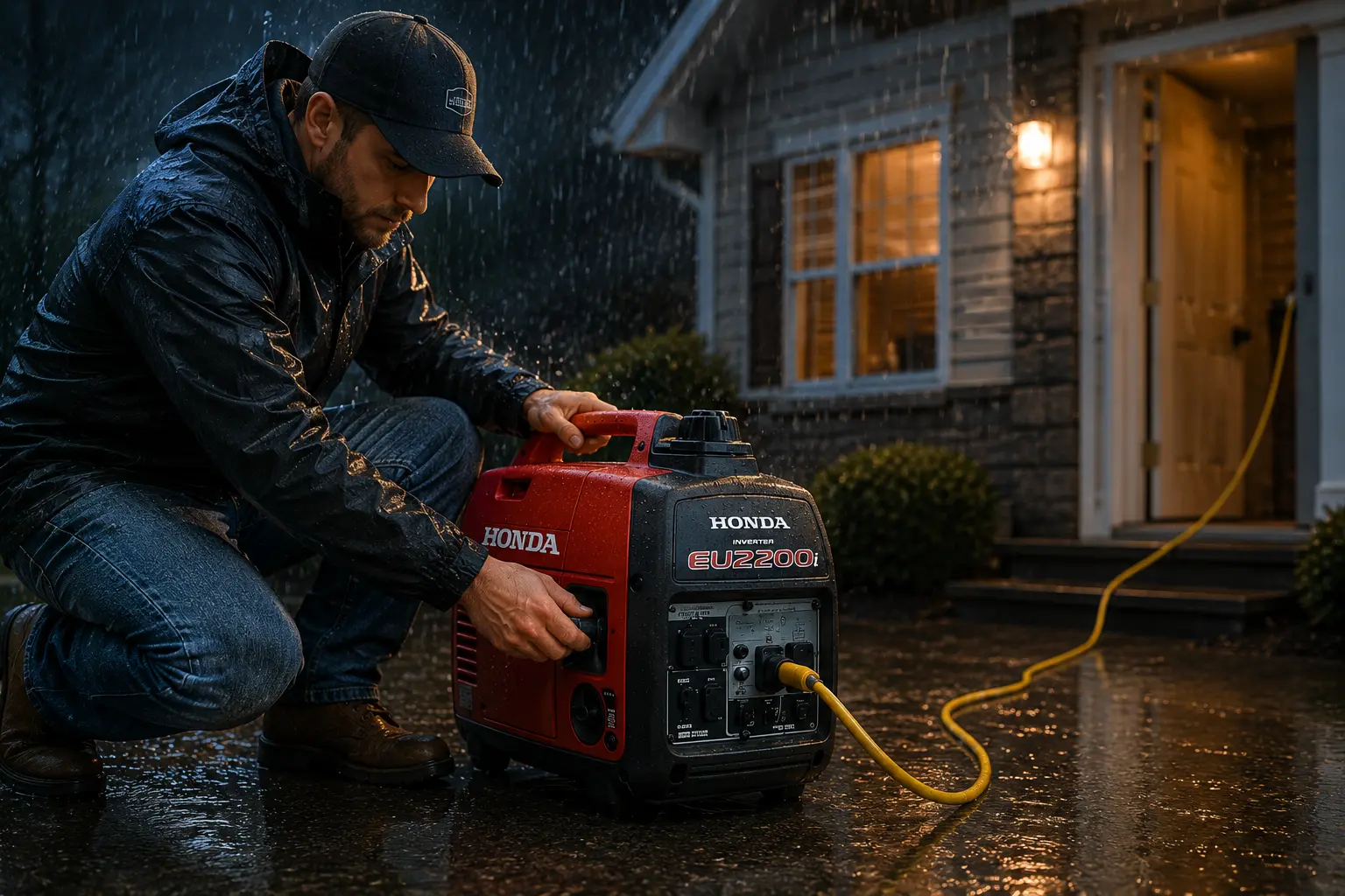 Man starting Honda EU2200i portable inverter generator in the rain during storm outage