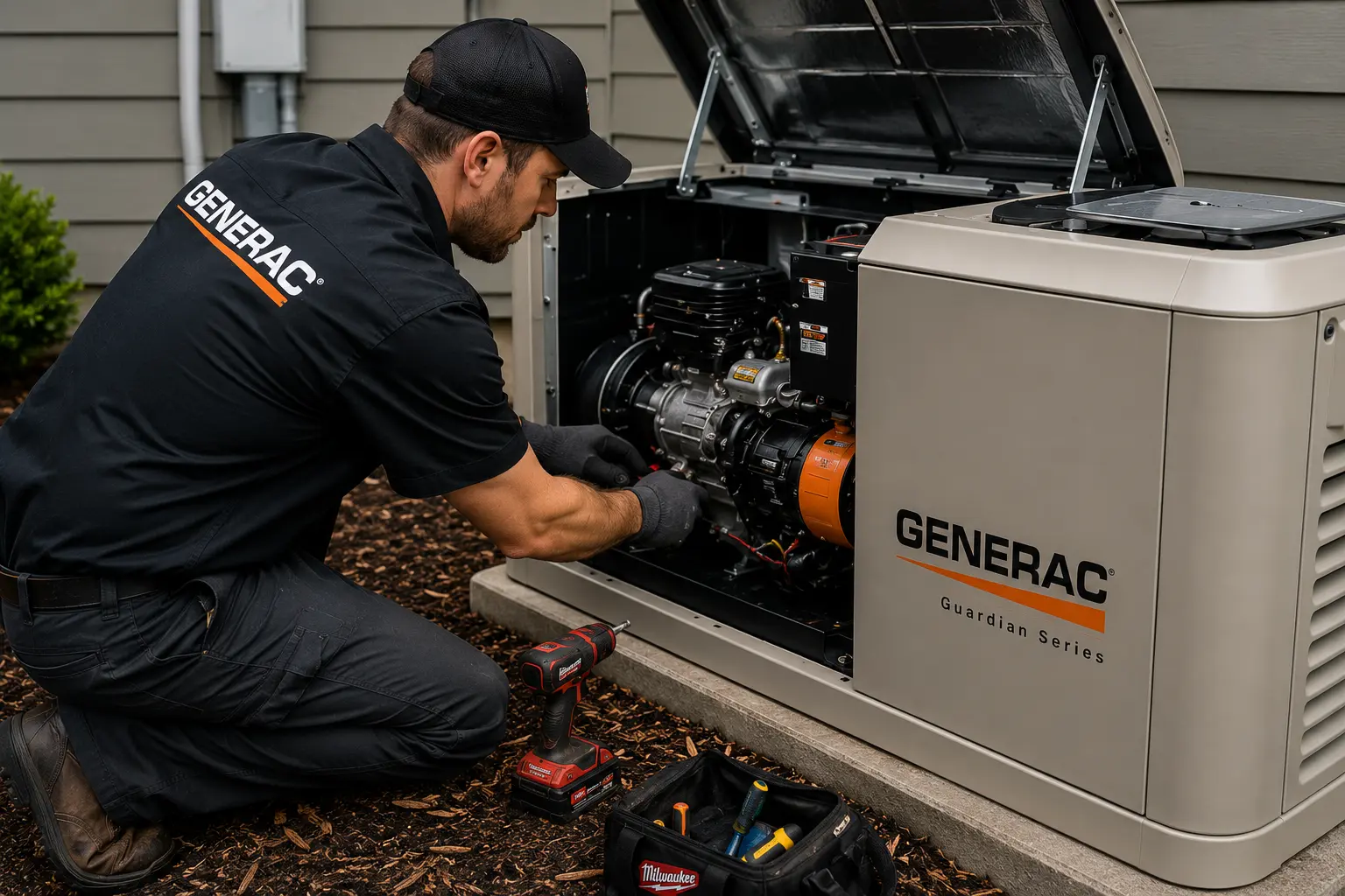 Generac technician servicing Guardian Series standby generator installed outside residential home