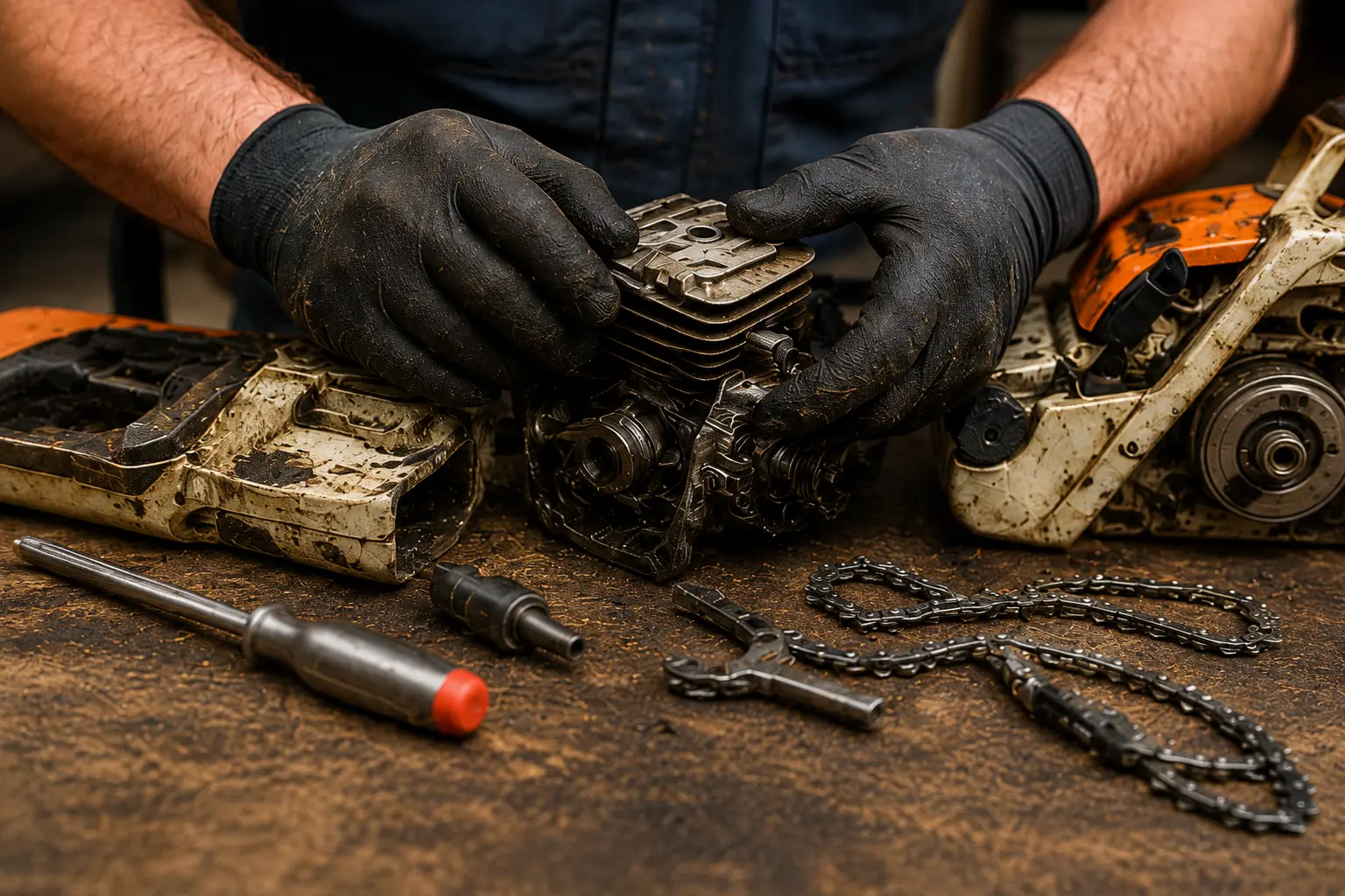 Gloved hands disassembling a storm-damaged chainsaw engine on a repair workbench with chain laid out