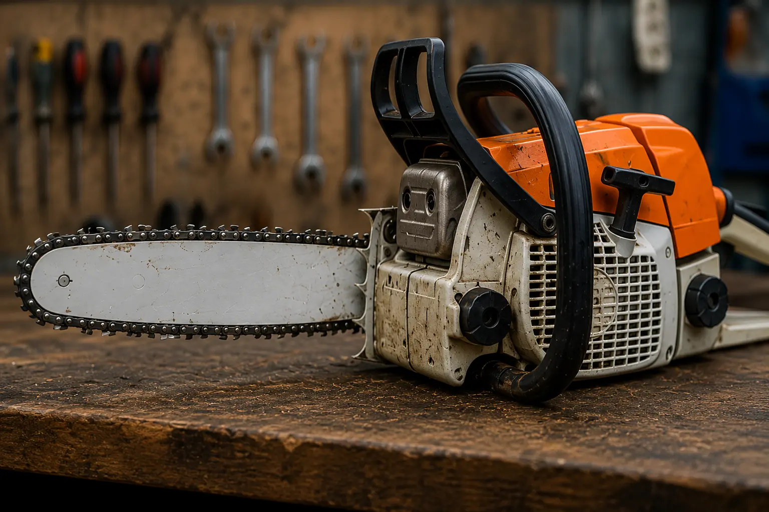 Orange chainsaw resting on a repair shop workbench with tools hanging on the wall behind