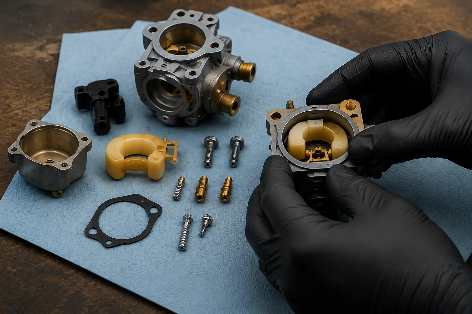 Disassembled carburetor components laid out on a work mat including float bowl, gaskets, jets, and body