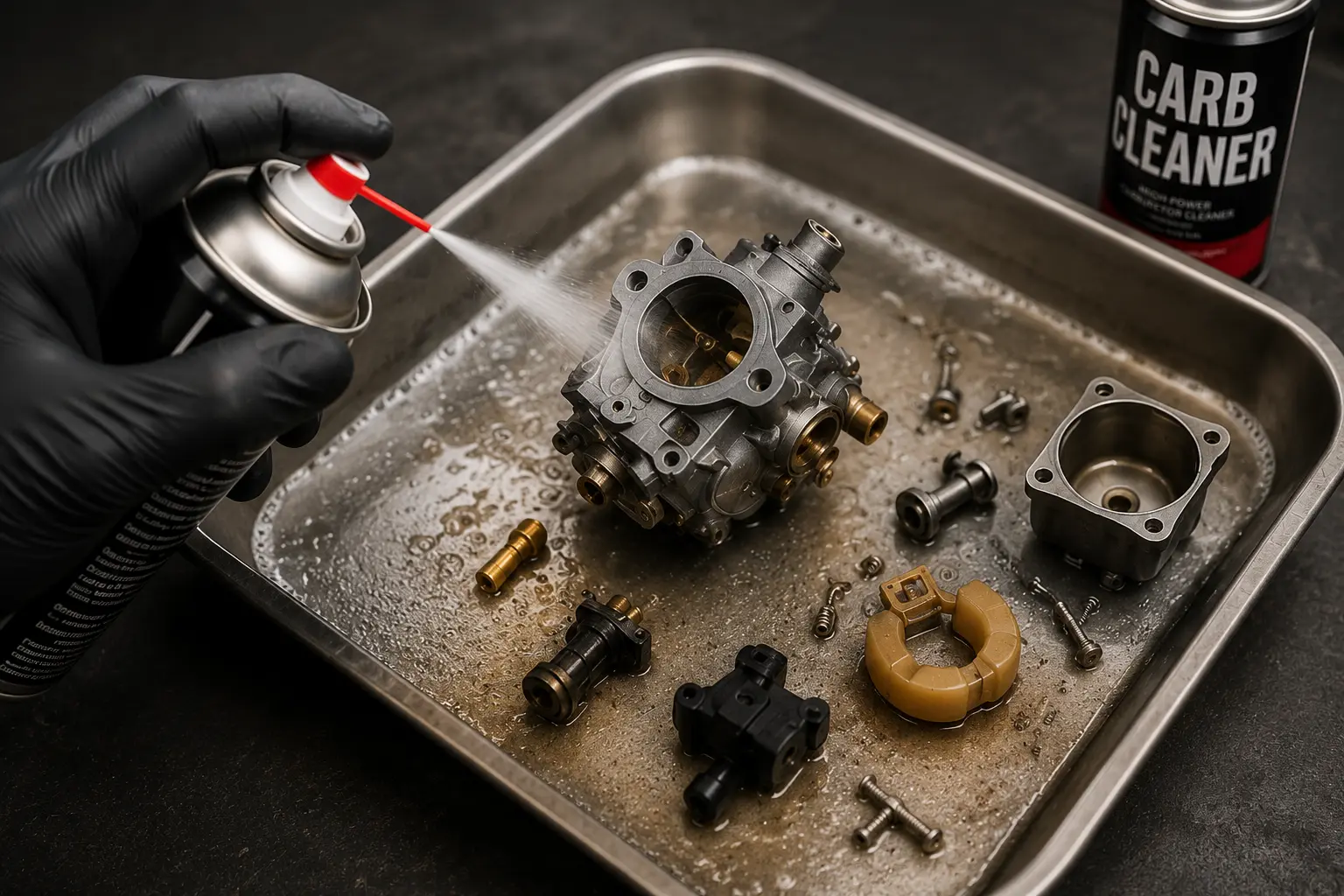 Spraying carburetor cleaner onto a disassembled carb body and components in a metal cleaning tray