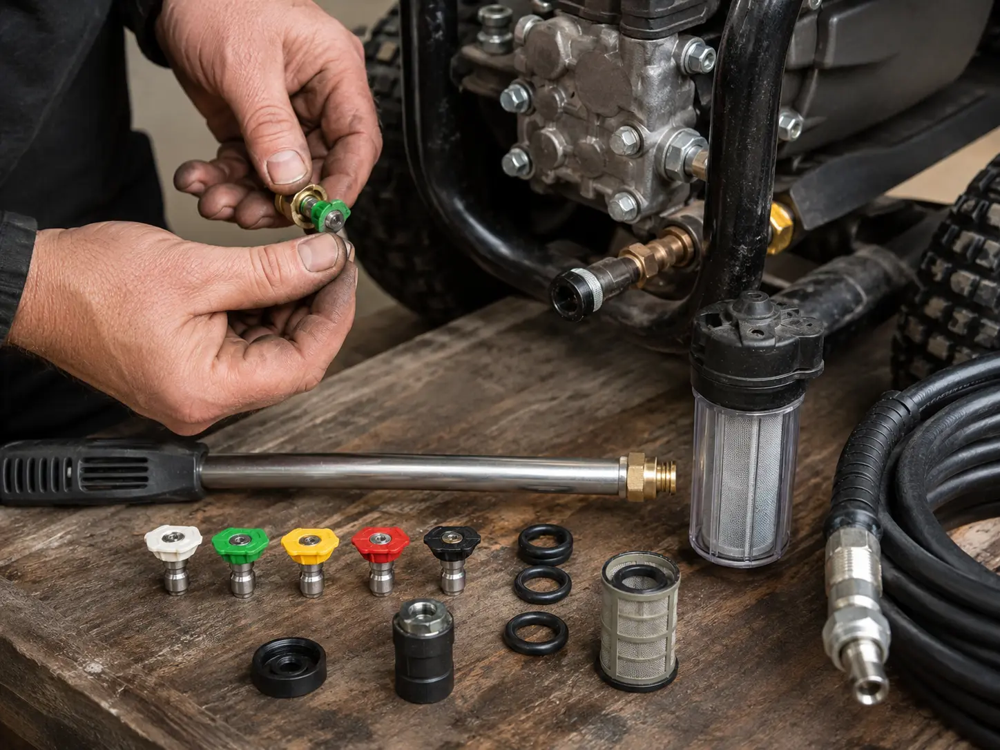 Pressure washer nozzle tips, O-rings, inlet filter screens, and lance wand laid out for inspection