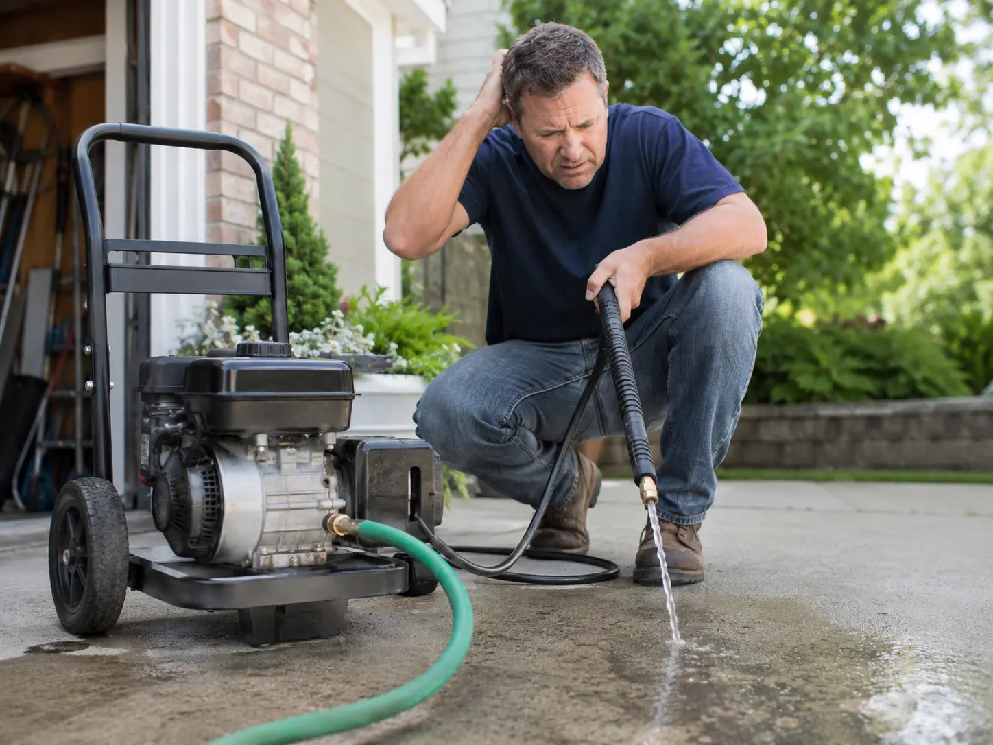 Frustrated homeowner crouching beside running pressure washer that produces only a trickle of water