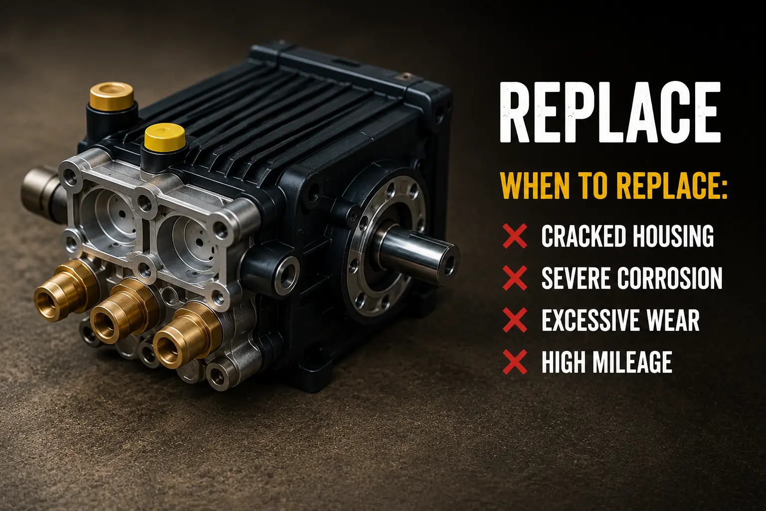 New replacement pressure washer pump with brass inlet fittings indicating conditions that warrant full pump replacement