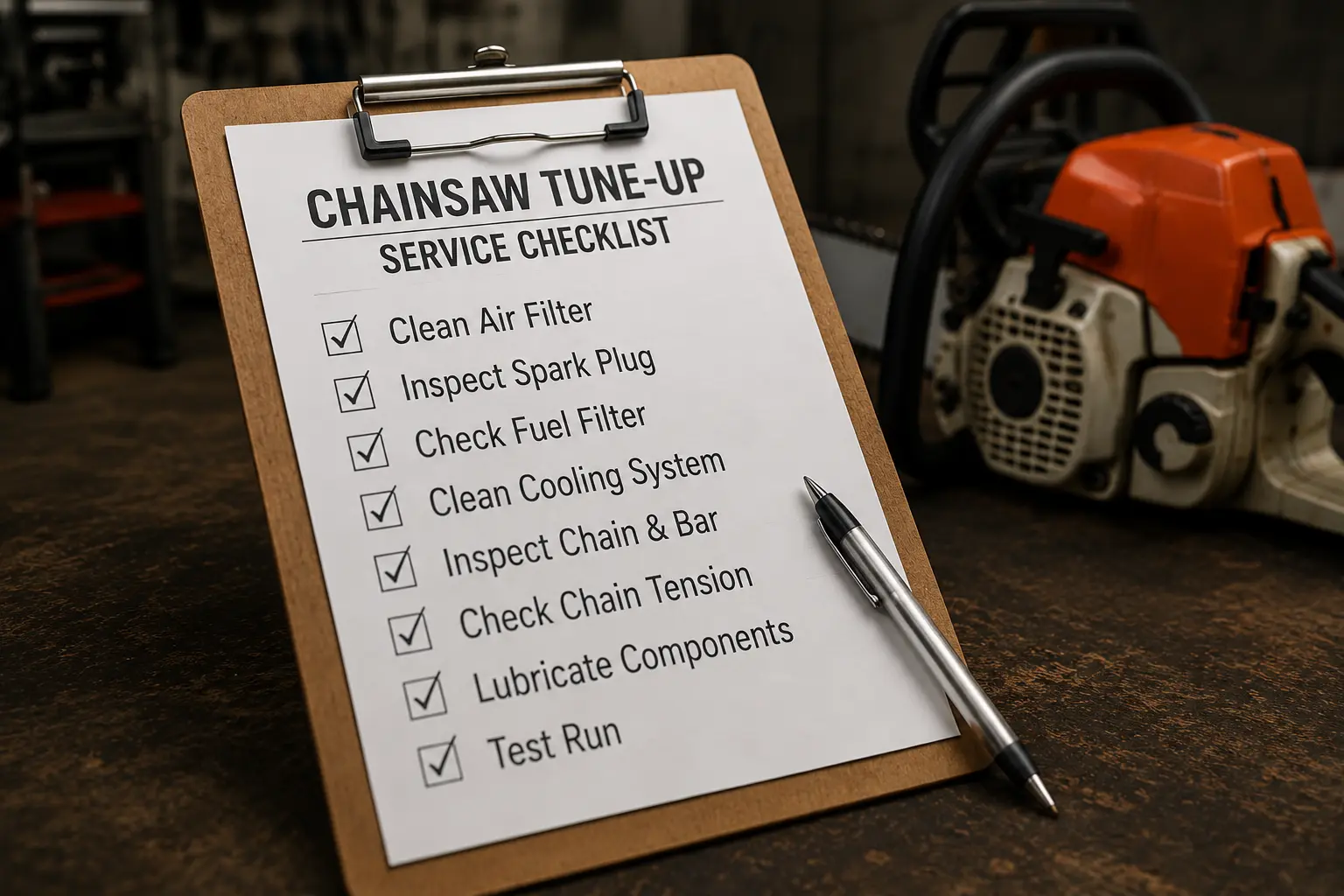 Clipboard showing a Chainsaw Tune-Up Service Checklist with items checked off: clean air filter, inspect spark plug, check fuel filter, clean cooling system, inspect chain and bar, check chain tension, lubricate components, and test run — with a chainsaw in the background