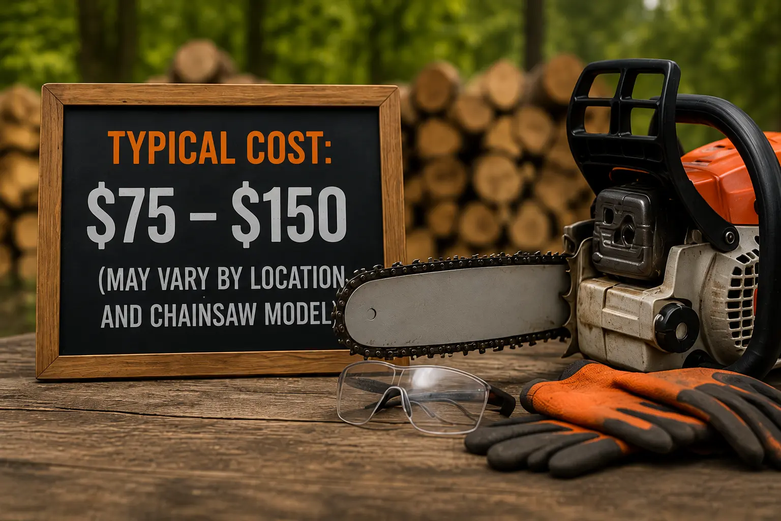Chainsaw with bar and chain resting on a workbench beside a chalkboard sign reading Typical Cost $75–$150, may vary by location and chainsaw model, with safety glasses and gloves