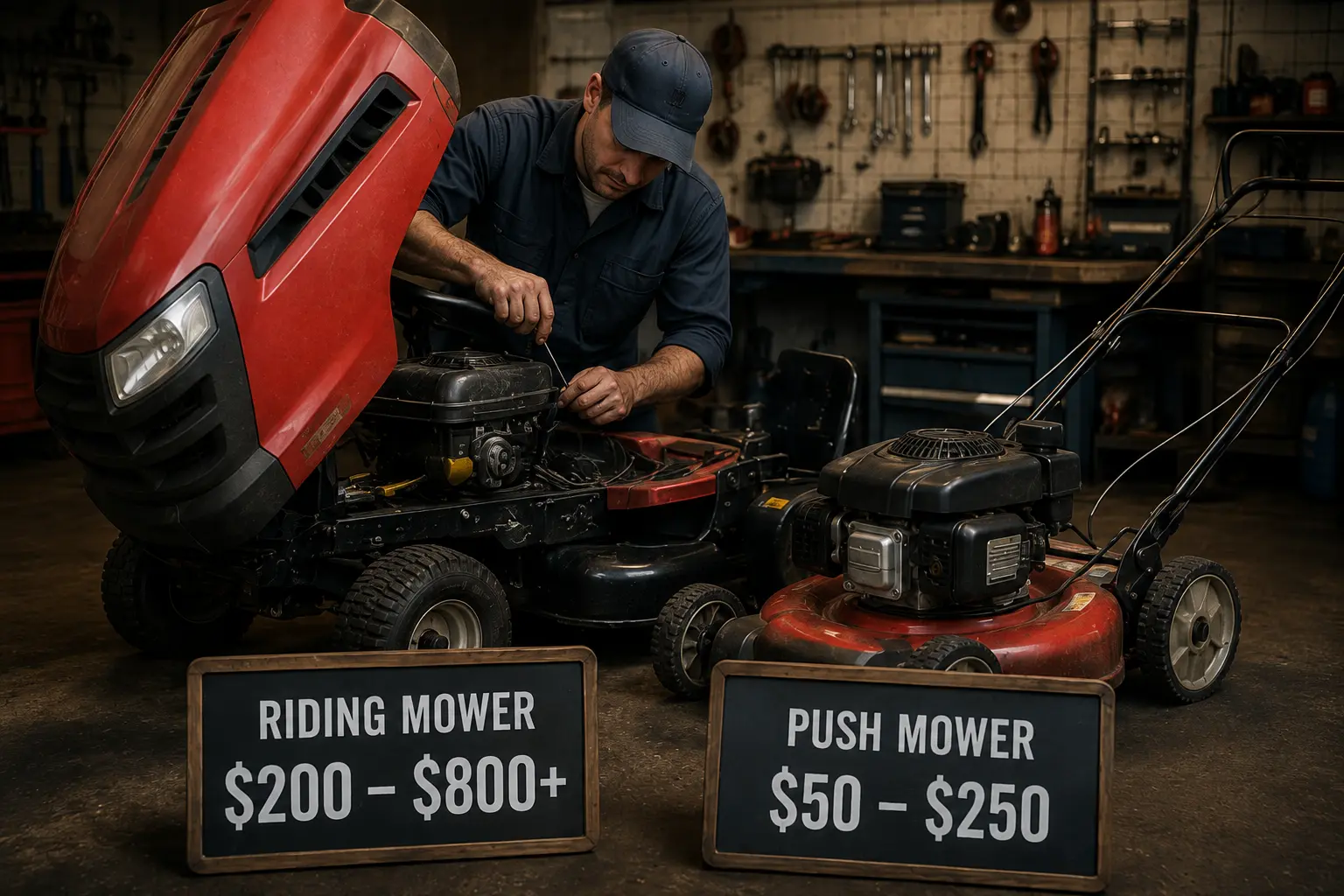 Mechanic working on a riding mower engine in a repair shop with a push mower beside it, and signs showing riding mower repair costs of $200–$800+ and push mower costs of $50–$250