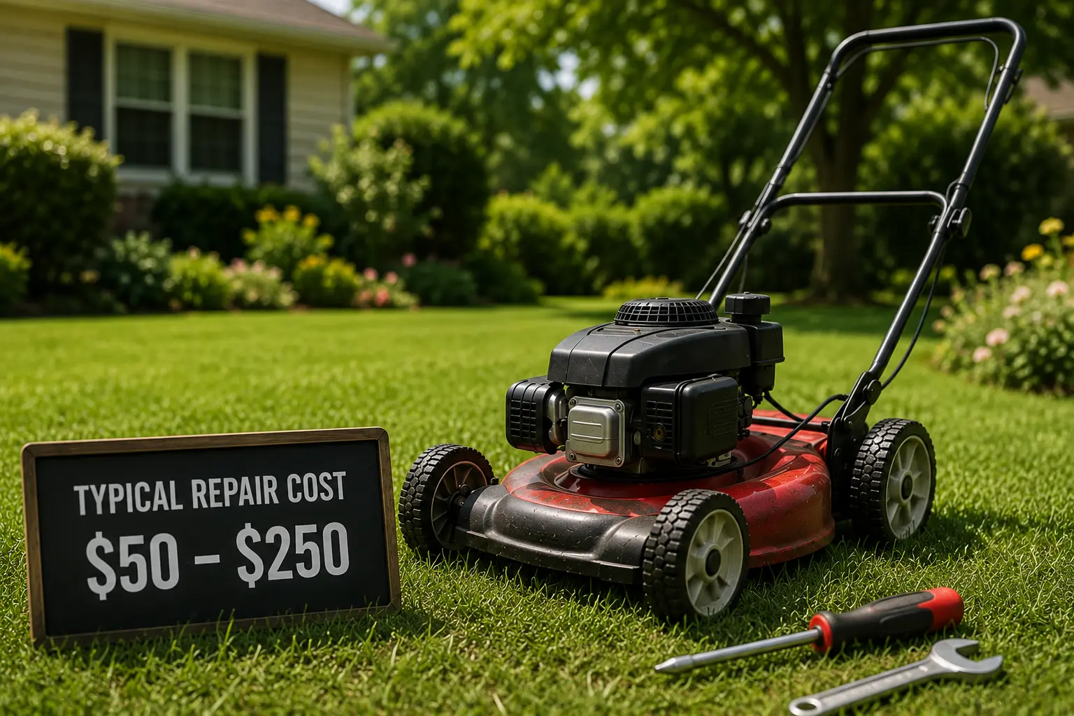 Push mower on a lawn beside a chalkboard sign reading Typical Repair Cost $50–$250, with a screwdriver and wrench on the grass