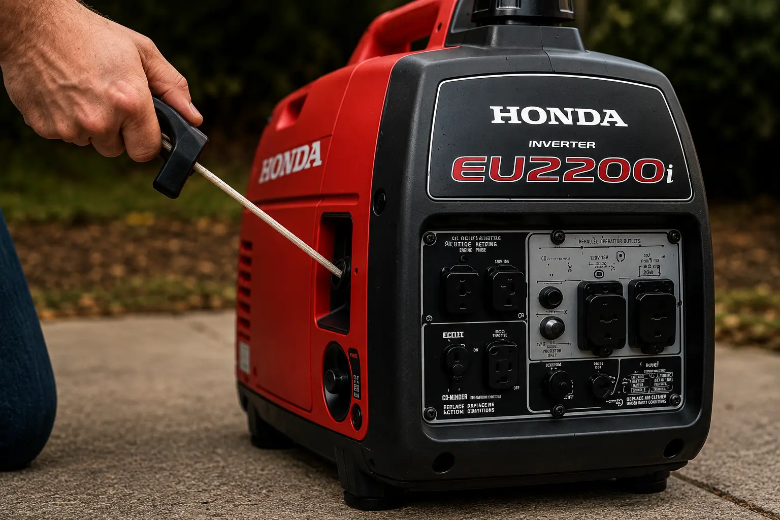 Hand pulling recoil starter cord on Honda EU2200i inverter generator for no-start diagnosis