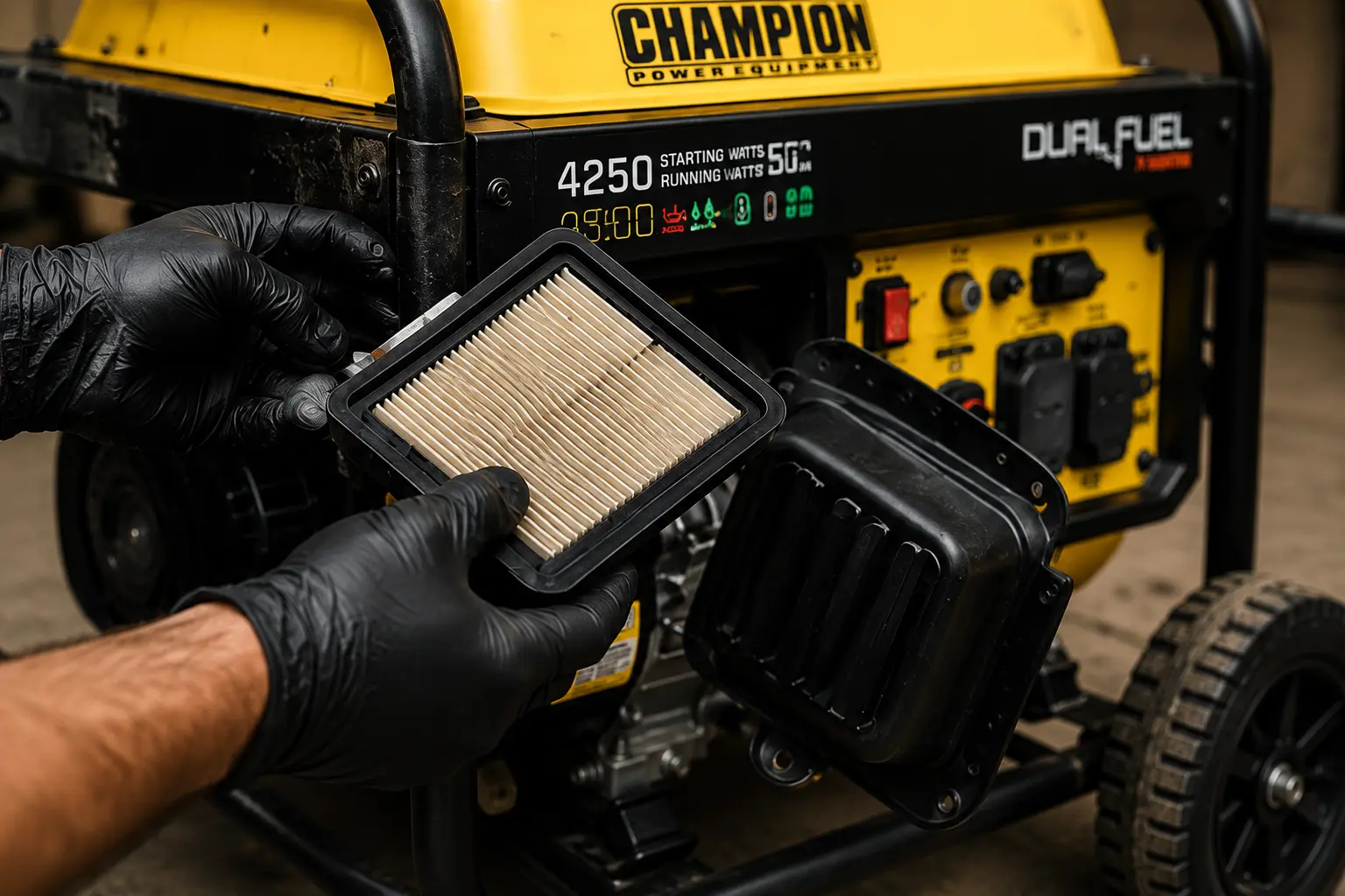 Gloved hands removing paper air filter from Champion dual-fuel generator for inspection