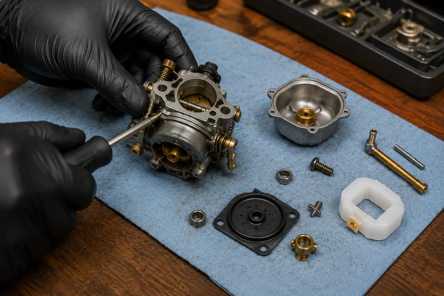 Gloved hands disassembling a small engine carburetor on a workbench with the float bowl, diaphragm, jets, and hardware laid out on a blue mat