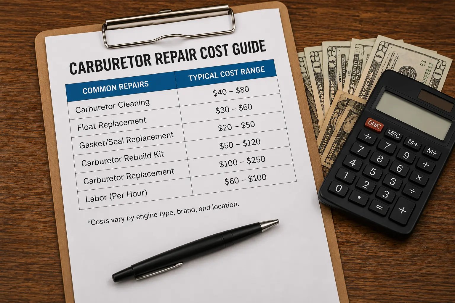 Clipboard showing a Carburetor Repair Cost Guide table with common repairs and typical cost ranges: cleaning $40–$80, float replacement $30–$60, gasket replacement $20–$50, rebuild kit $50–$120, replacement $100–$250, labor per hour $60–$100 — beside a calculator and cash