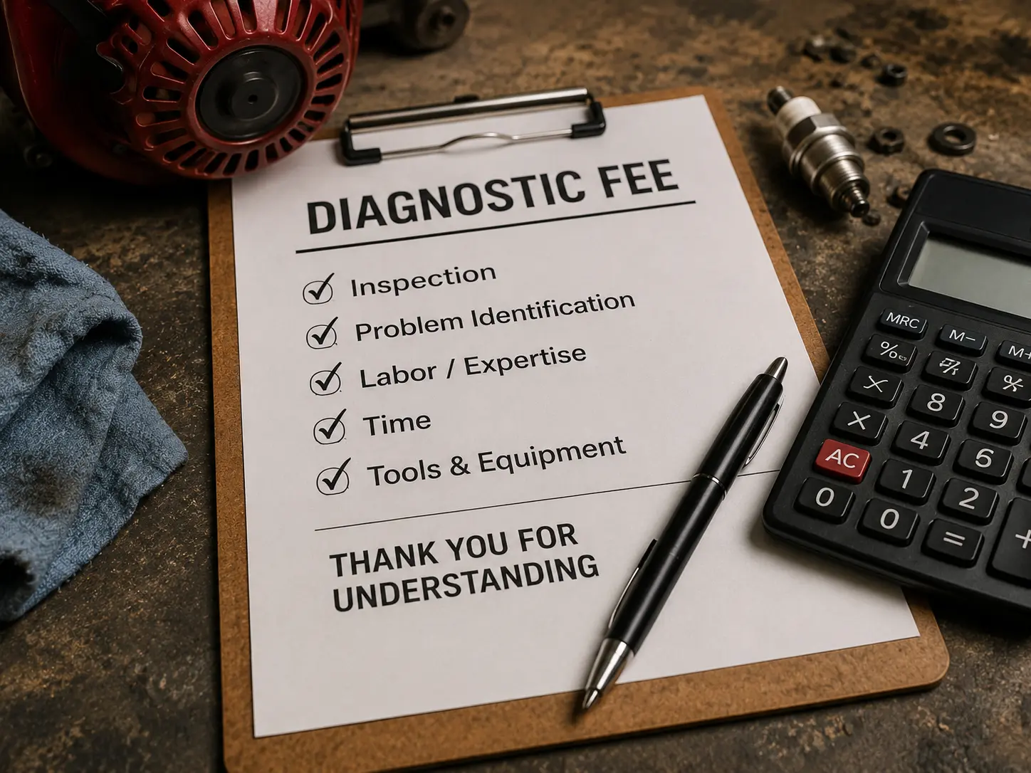 Clipboard showing diagnostic fee checklist covering inspection, problem identification, labor, time, and tools