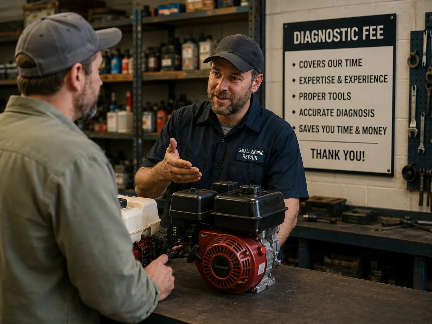 Small engine repair technician explaining diagnostic fee policy to customer at service counter