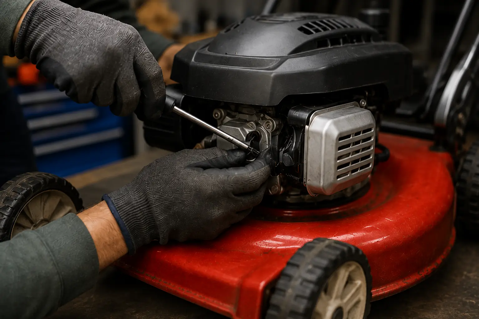 Gloved hands using a screwdriver to service the carburetor on a red lawn mower engine in a repair shop
