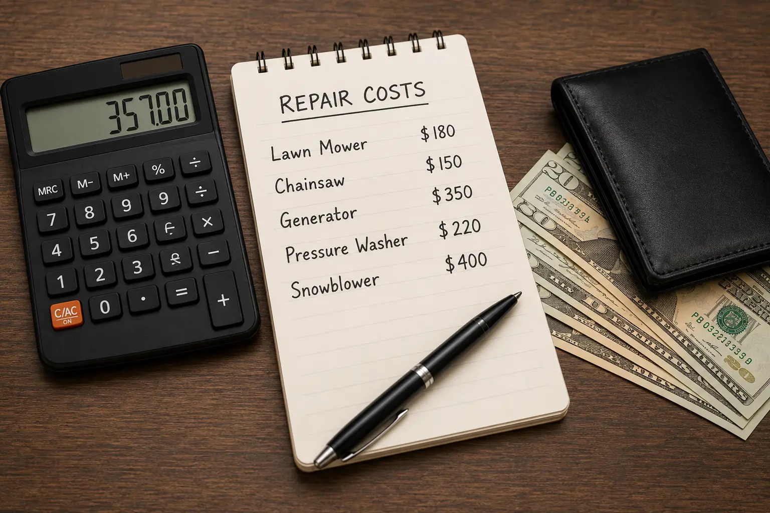 Notepad listing repair costs by equipment type — Lawn Mower $180, Chainsaw $150, Generator $350, Pressure Washer $220, Snowblower $400 — beside a calculator and cash