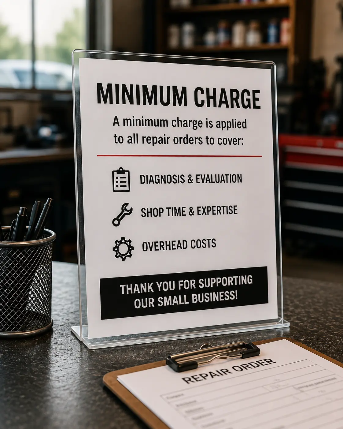 Shop counter display sign explaining minimum charge covers diagnosis, shop time, expertise, and overhead costs